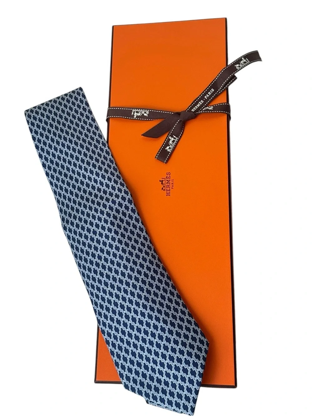 Hermès Silk Tie Blue Silver Geometric w/ Box Made in France
